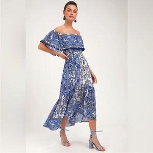 Lulus | De La Sol Blue and‎ White Print Off-the-Shoulder Midi Dress NWT 0315